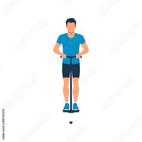 A funny runner vector illustration of a man in blue athletic wear standing with a pogo stick in a playful and energetic outdoor setting for fitness and sports concepts