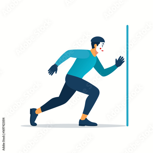 funny runner vector illustration of a man in blue clothes running with a comical expression on his face in a dynamic pose