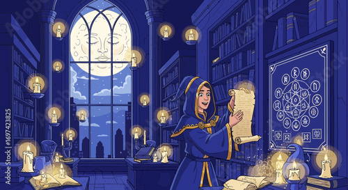 A young sorceress deciphers an ancient scroll beneath a watchful moon in magical library