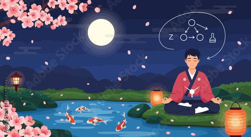 Zen meditation under cherry blossoms with koi pond and moonlit night landscape design