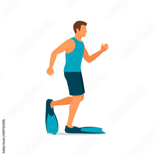 A funny runner vector illustration of a man wearing flippers and running on a white background with a carefree expression