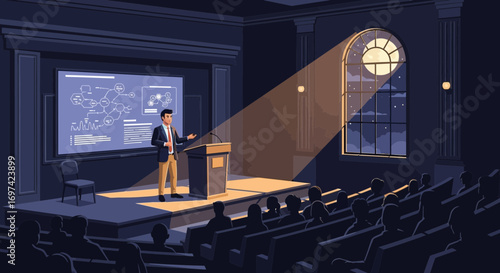 Captivating presentation by speaker with charts in auditorium bathed in moonlight glow
