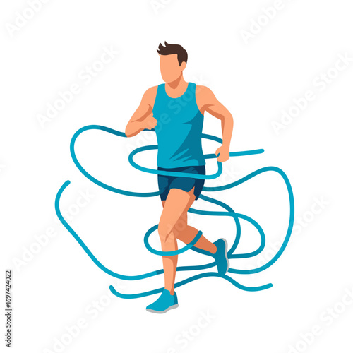 funny runner vector illustration of a man in blue clothes running with a long rope in a playful and dynamic motion on a white background with a sense of humor