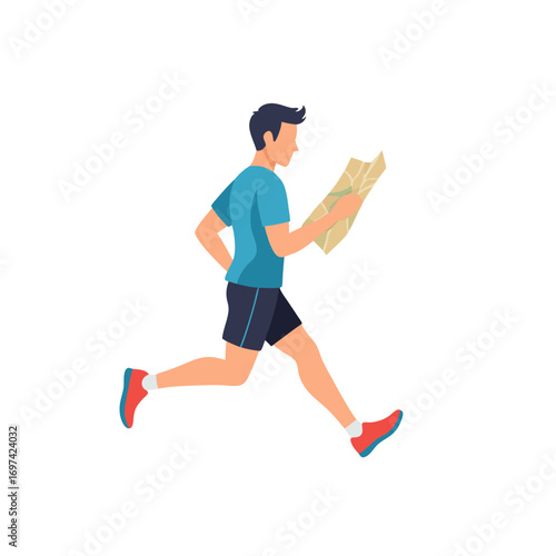 A funny runner vector illustration of a man in athletic wear running with a map in hand looking lost in a city setting