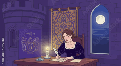 Medieval Princess Writing Letter in Castle by Candlelight Under Moonlight Illustration