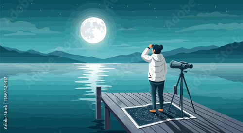 Woman watching the full moon over the lake on wooden pier with binoculars at night