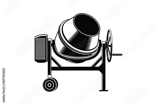 Black and White Concrete Mixer, Construction Equipment, Vector Illustration