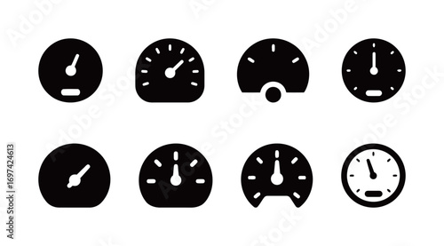 Set of Round Speedometer Icons with Various Gauge Designs for Car Dashboards and Driving