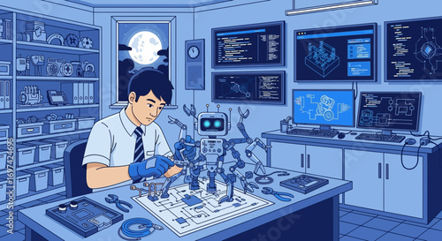 Engineer meticulously assembling a complex robot in a high tech laboratory setting under moonlight