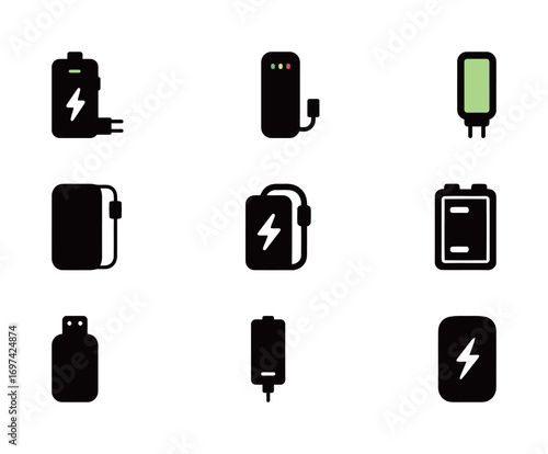 Set of Power Bank and Charger Icons for Charging Electronic Devices and Batteries