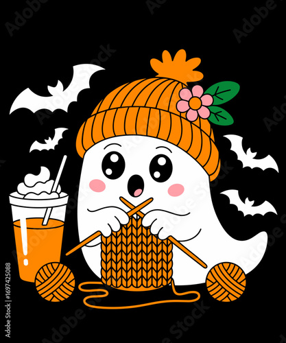 Retro Vintage Cute Ghost Crochet Knitting Lover Halloween Coffee