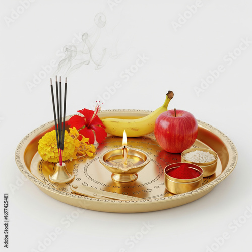 Traditional puja thali in hinduism on white background