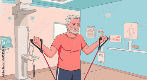 Elderly patient exercising with an elastic band for rehabilitation and recovery in a modern medical facility