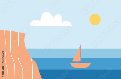 Minimalist Seaside Landscape with Orange Cliff, Blue Ocean, Sailboat, Sun, and Cloud for Coastal, Travel, and Summer Design Projects