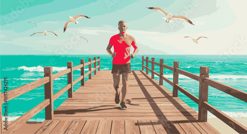 Digital illustration of a fit man enjoying a morning run on a wooden pier, embodying an active lifestyle and wellness by the sea