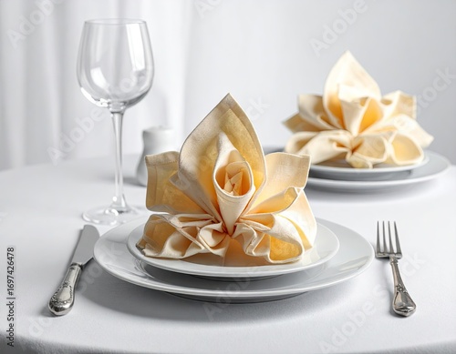 Elegant Table Setting with Beige Napkin Flowers