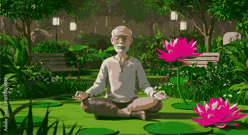Senior man finds serene tranquility through meditative practice amidst a vibrant, digitally rendered natural garden with glowing lotus flowers under soft, ambient illumination