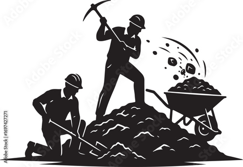 Construction Workers Silhouette with Shovel Pickaxe and Wheelbarrow