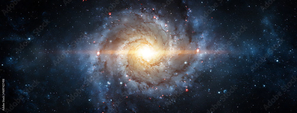 Obraz premium A breathtaking view of a spiral galaxy with its bright central bulge and swirling arms extending into the vast darkness of space populated by countless distant stars 