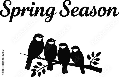 A charming spring season illustration featuring a group of birds perched on a branch