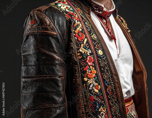 Embroidered Jacket and Kilt Fusion: Brown Leather and Colorful Threads