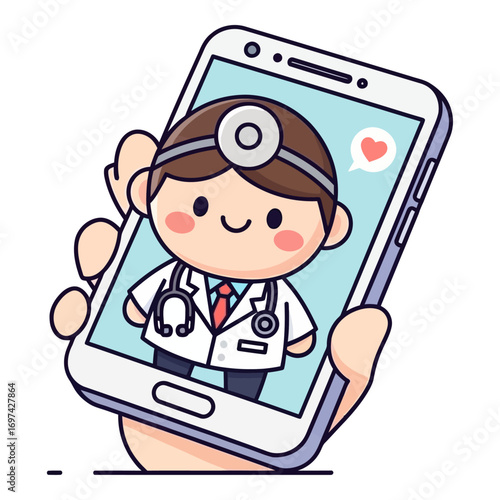 Cute Telemedicine Doctor Icon – Chibi Medical Consultation on Smartphone Vector