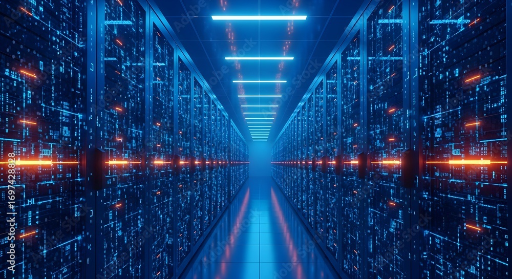 Naklejka premium A long corridor lined with server racks glows with blue and orange lights in a data center.