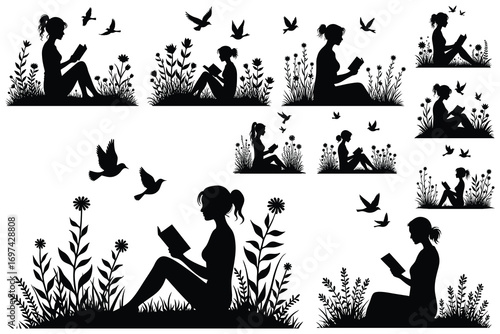 Black silhouette of a woman reading a book in nature with birds