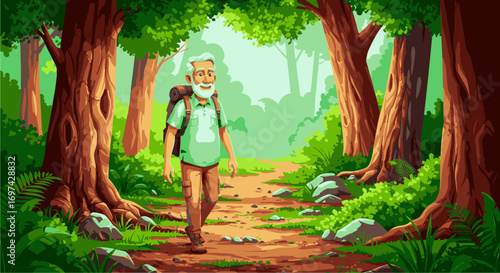 Elderly man with backpack walking on forest path surrounded by lush green trees and dappled sunlight, embodying active senior lifestyle and nature exploration