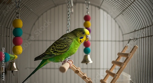 Parrot in cage with toys