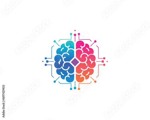 Colorful Brain Circuit Vector Illustration, Artificial Intelligence and Technology