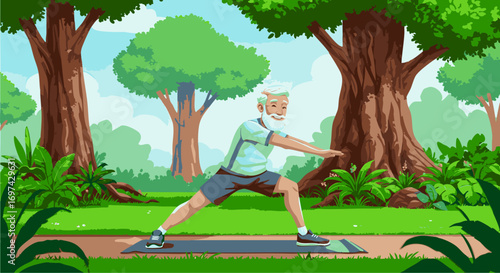 Active senior man practicing yoga in a tranquil park setting. Illustration of a healthy lifestyle, wellness, and outdoor fitness for the elderly