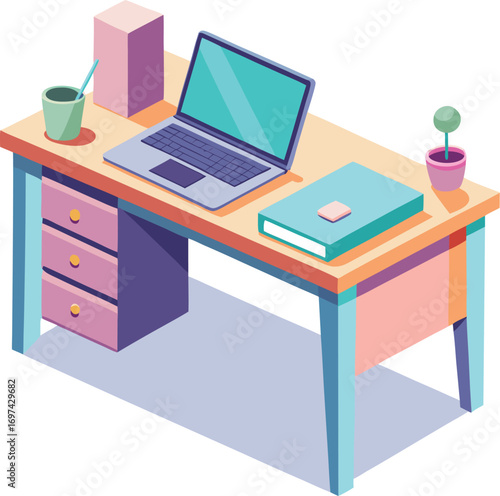 Isometric desk with laptop book pen holder and plant in pastel colors vector