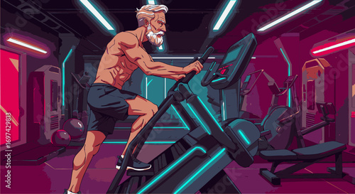 Ageless vitality concept with a fit senior man exercising on a stair climber machine inside a futuristic, neon-lit gymnasium