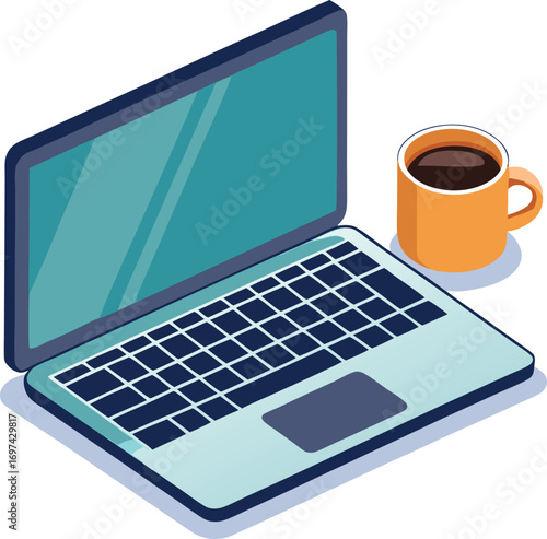 Isometric illustration of a light blue laptop with a dark blue keyboard next to an orange coffee mug