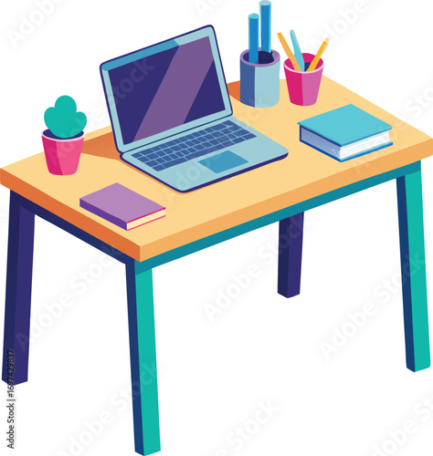 Isometric illustration of a desk with laptop plant and books computer stationery