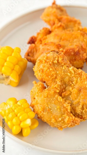 Crispy fried chicken pieces served alongside a vibrant cluster of sweet corn kernels on a light gray plate.