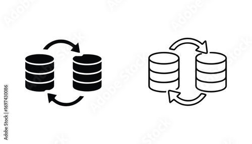 Database Replication Icon in Black and White, Round Style, Vector Illustration