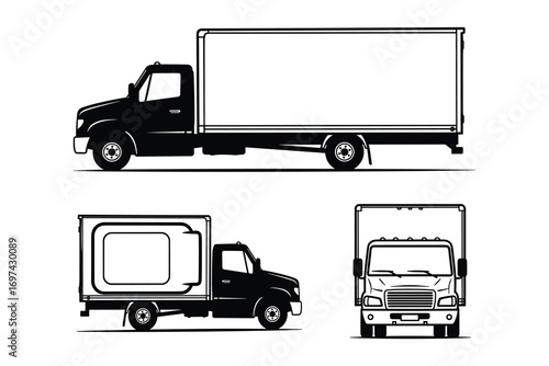 Delivery Truck Set: Box Truck in Side, Front and Perspective View Vector Illustration