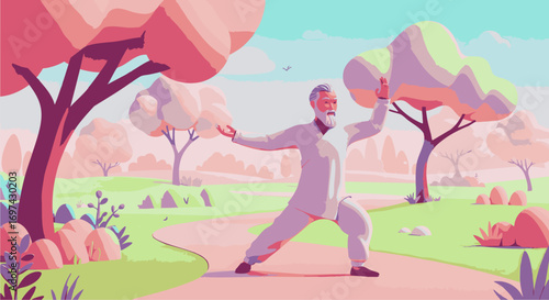Peaceful senior citizen practicing morning martial arts for healthy aging and spiritual balance amidst a tranquil park landscape