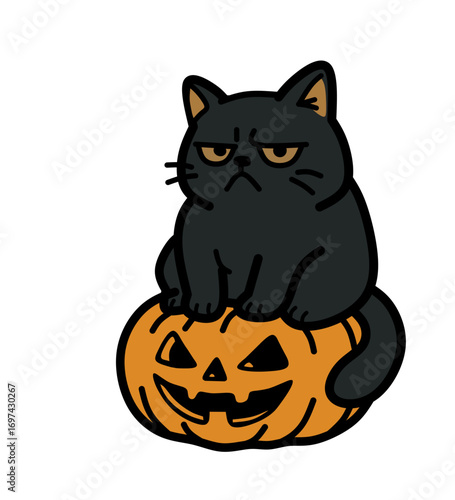 Halloween illustration grumpy black cat sitting on pumpkin 