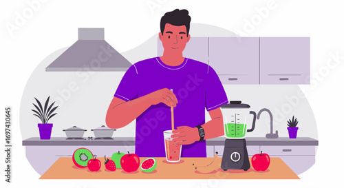 Young man in a modern kitchen preparing a fresh fruit smoothie for a healthy lifestyle and diet, vector illustration concept