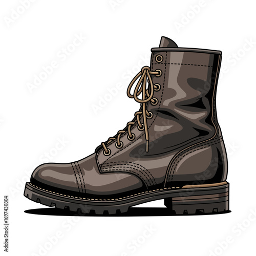 Side view of a dark brown leather work boot with laces.