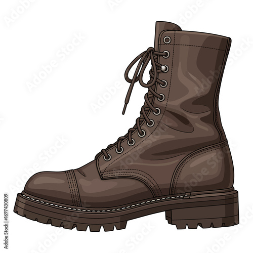 A detailed illustration of a single brown leather combat boot with laces and a thick sole.