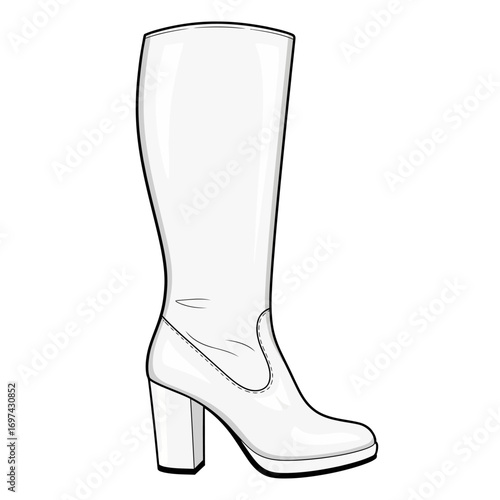 Side view of a pair of white knee-high heeled boots, technical drawing style.