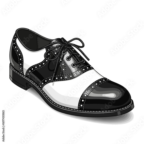 A detailed vector illustration of a classic black and white leather saddle shoe with broguing, isolated on a white background.