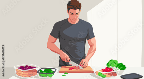 A health-conscious young man carefully chopping fresh ingredients for his weekly meal prep and diet plan, focusing on nutrition