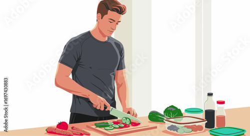 Focused young man preparing a healthy meal, chopping fresh cucumber and vegetables for a nutritious salad in his kitchen