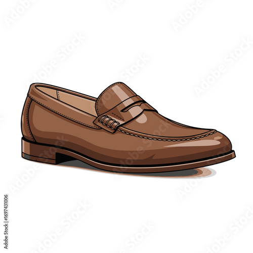A detailed vector illustration of a classic brown leather men's penny loafer shoe, viewed from the side on a clean white background.