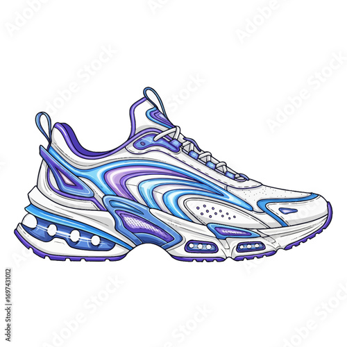 A detailed, hand-drawn illustration of a futuristic white, blue, and purple athletic sneaker on a white background.